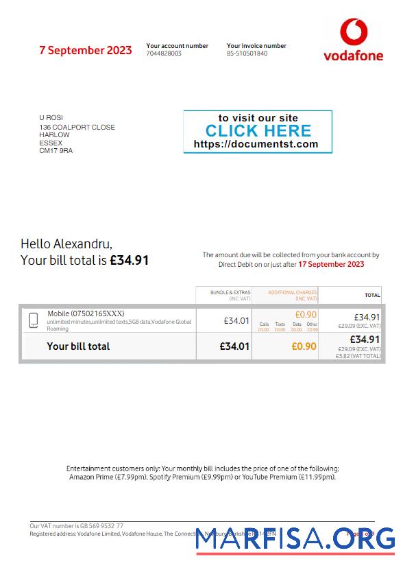 Realistic UNITED KINGDOM VODAFONE utility bill Word and PDF template, version 3